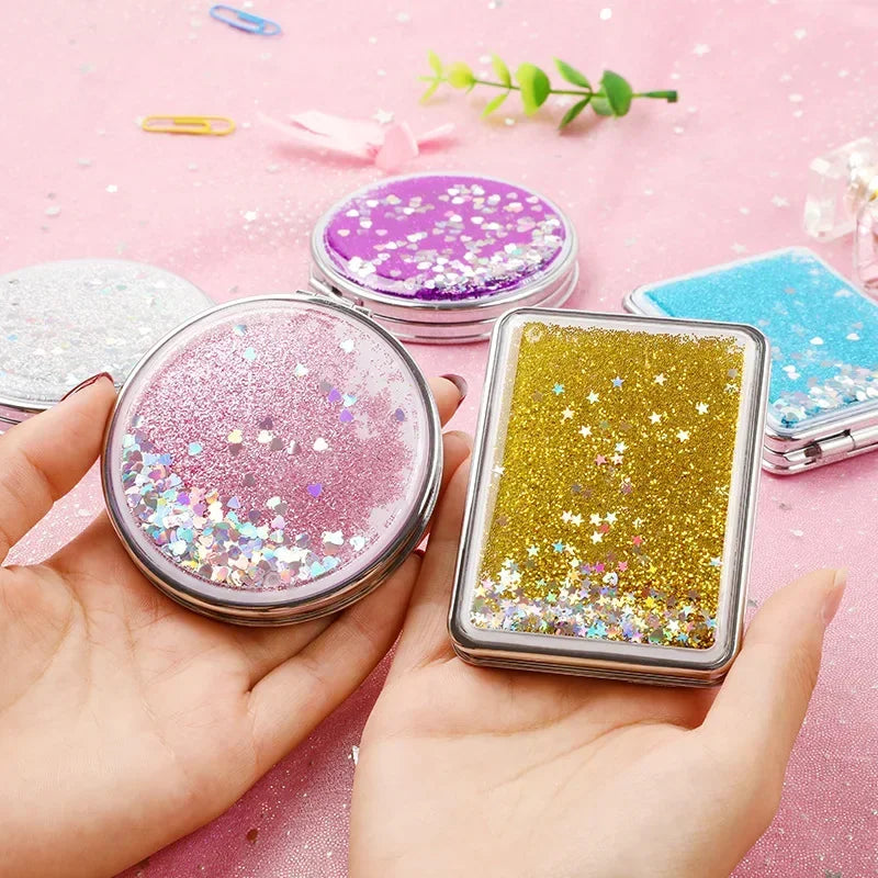Folding Double-Sided Cosmetic Mirrors for Women Gifts with Flowing Sparkling Sand Mini Makeup Mirror Compact Pocket Mirrors Pink