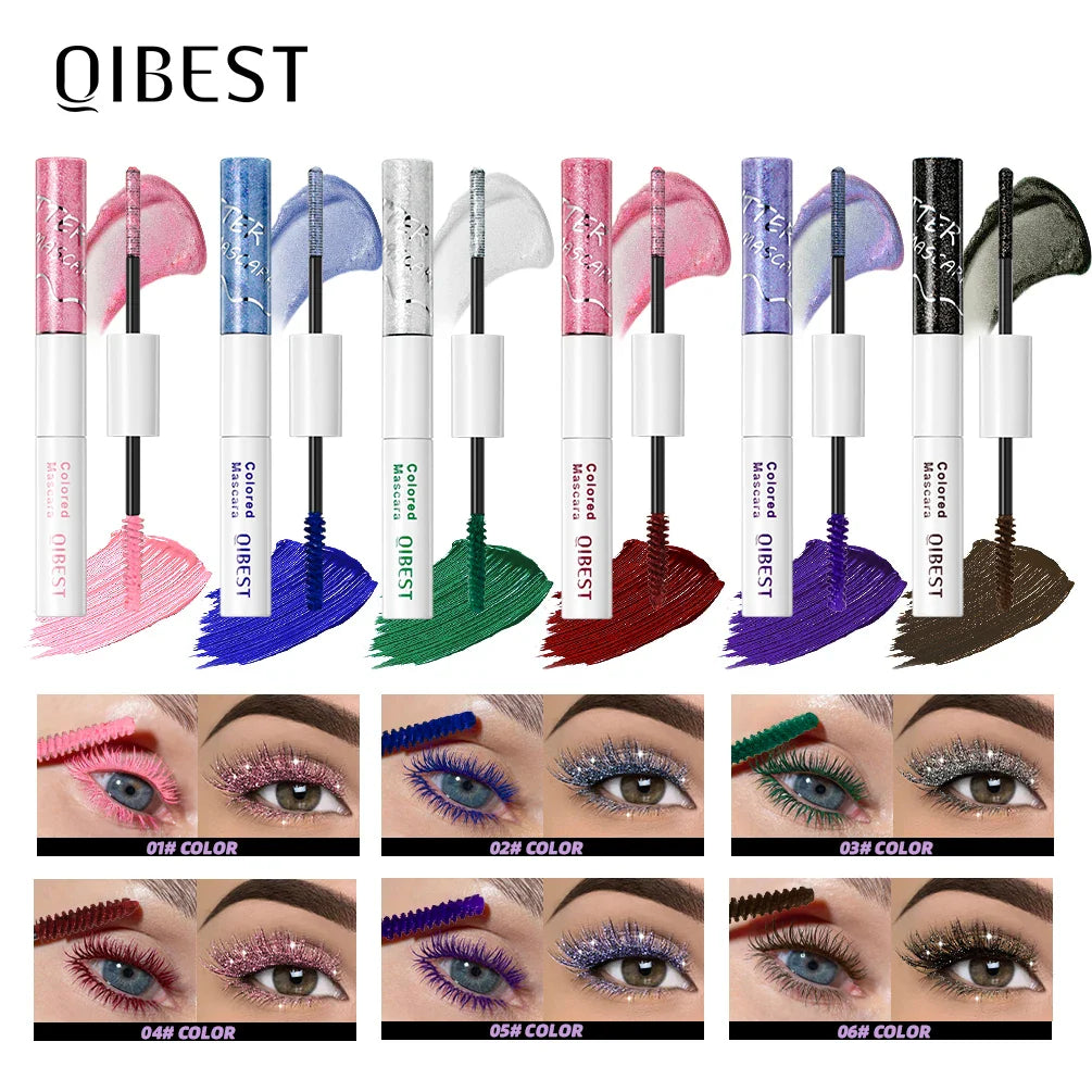 QIBEST Double Ended Diamond Glitter Mascara Lasting Colored Mascara Eyelashes Pink Blue Green Red Voluminous Mascara Rimel