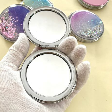 Folding Double-Sided Cosmetic Mirrors for Women Gifts with Flowing Sparkling Sand Mini Makeup Mirror Compact Pocket Mirrors Pink