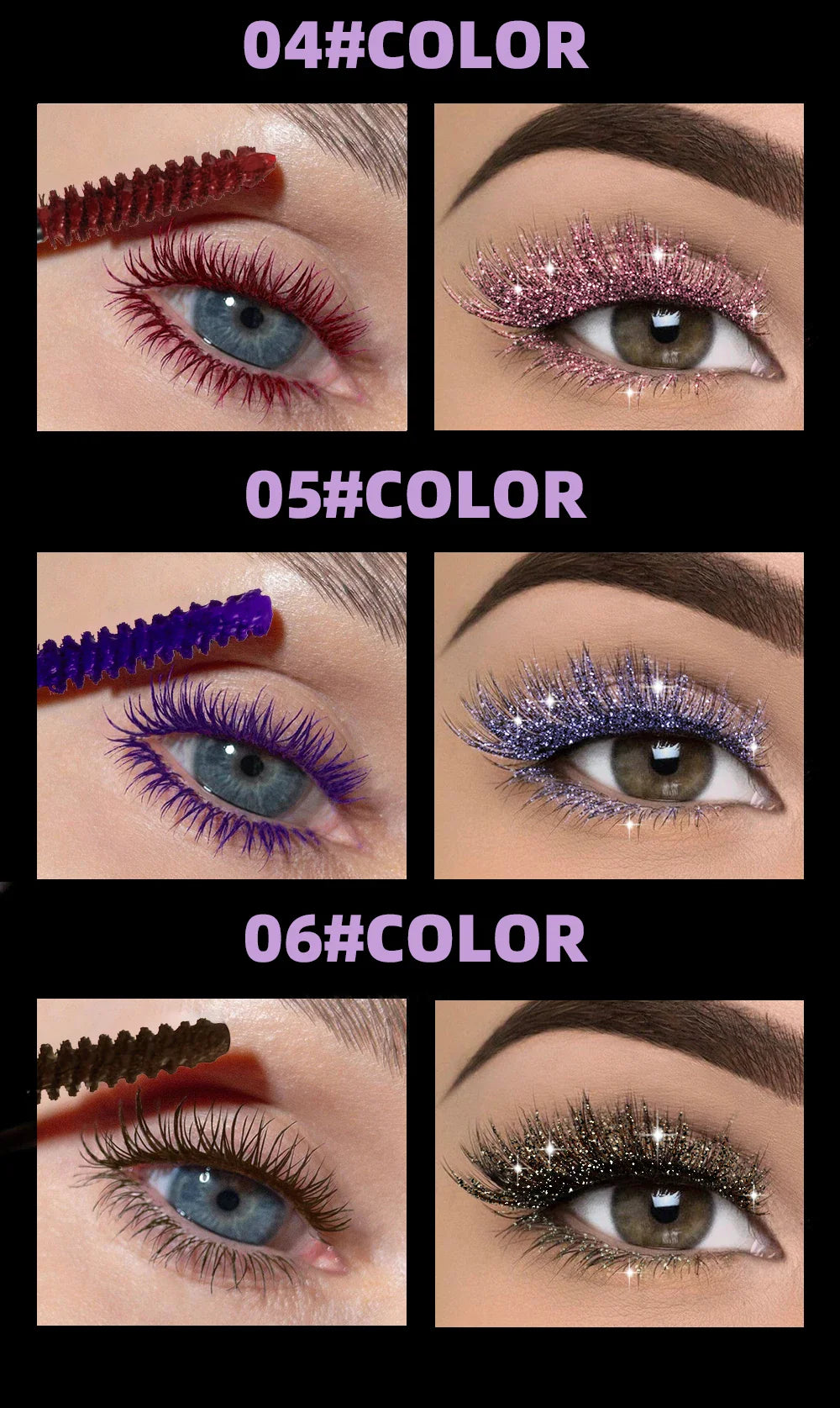 QIBEST Double Ended Diamond Glitter Mascara Lasting Colored Mascara Eyelashes Pink Blue Green Red Voluminous Mascara Rimel