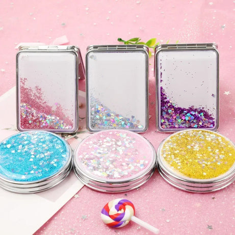Folding Double-Sided Cosmetic Mirrors for Women Gifts with Flowing Sparkling Sand Mini Makeup Mirror Compact Pocket Mirrors Pink