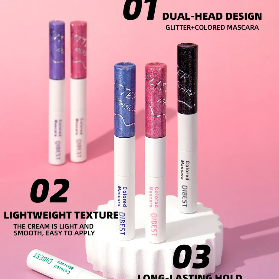 QIBEST Double Ended Diamond Glitter Mascara Lasting Colored Mascara Eyelashes Pink Blue Green Red Voluminous Mascara Rimel