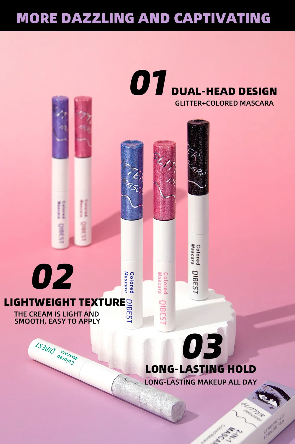 QIBEST Double Ended Diamond Glitter Mascara Lasting Colored Mascara Eyelashes Pink Blue Green Red Voluminous Mascara Rimel