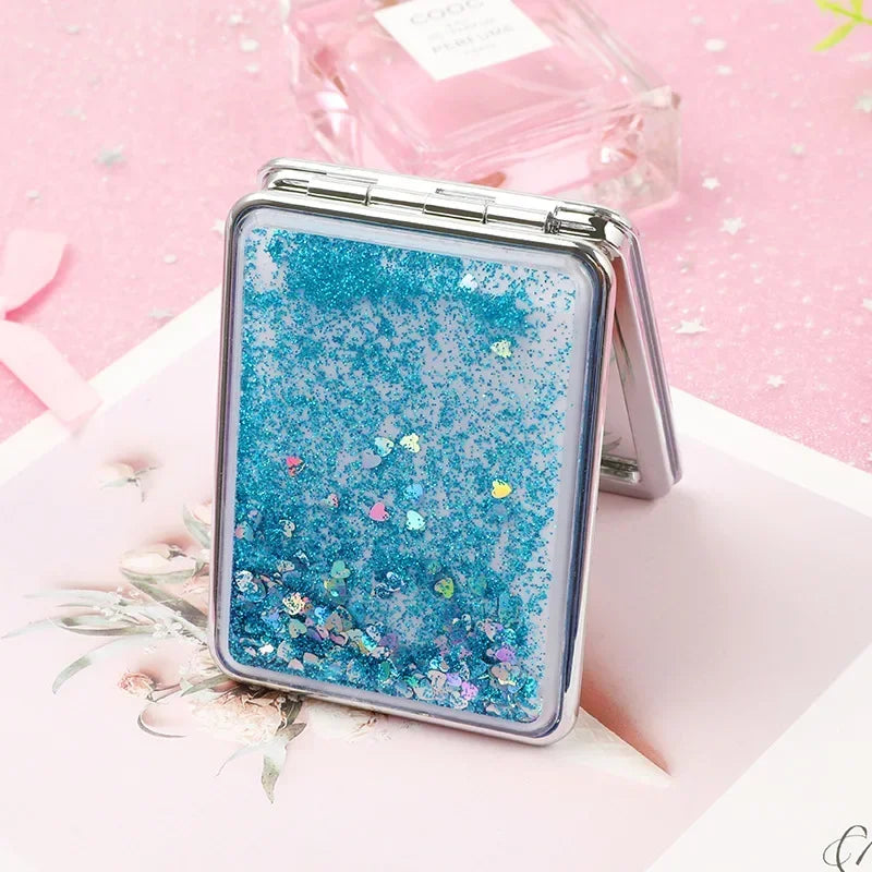 Folding Double-Sided Cosmetic Mirrors for Women Gifts with Flowing Sparkling Sand Mini Makeup Mirror Compact Pocket Mirrors Pink