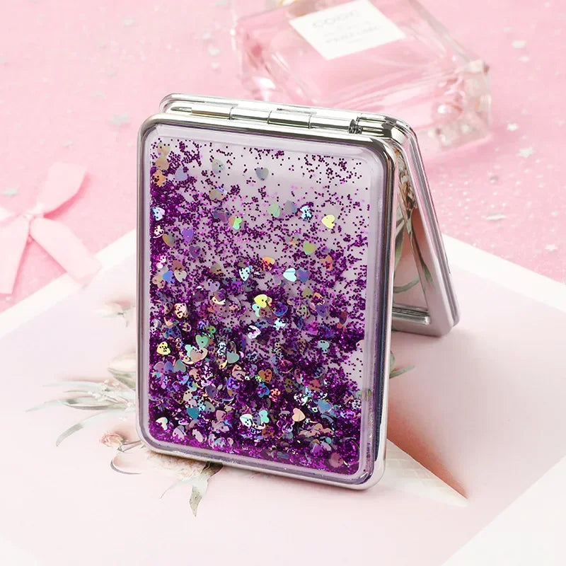 Folding Double-Sided Cosmetic Mirrors for Women Gifts with Flowing Sparkling Sand Mini Makeup Mirror Compact Pocket Mirrors Pink