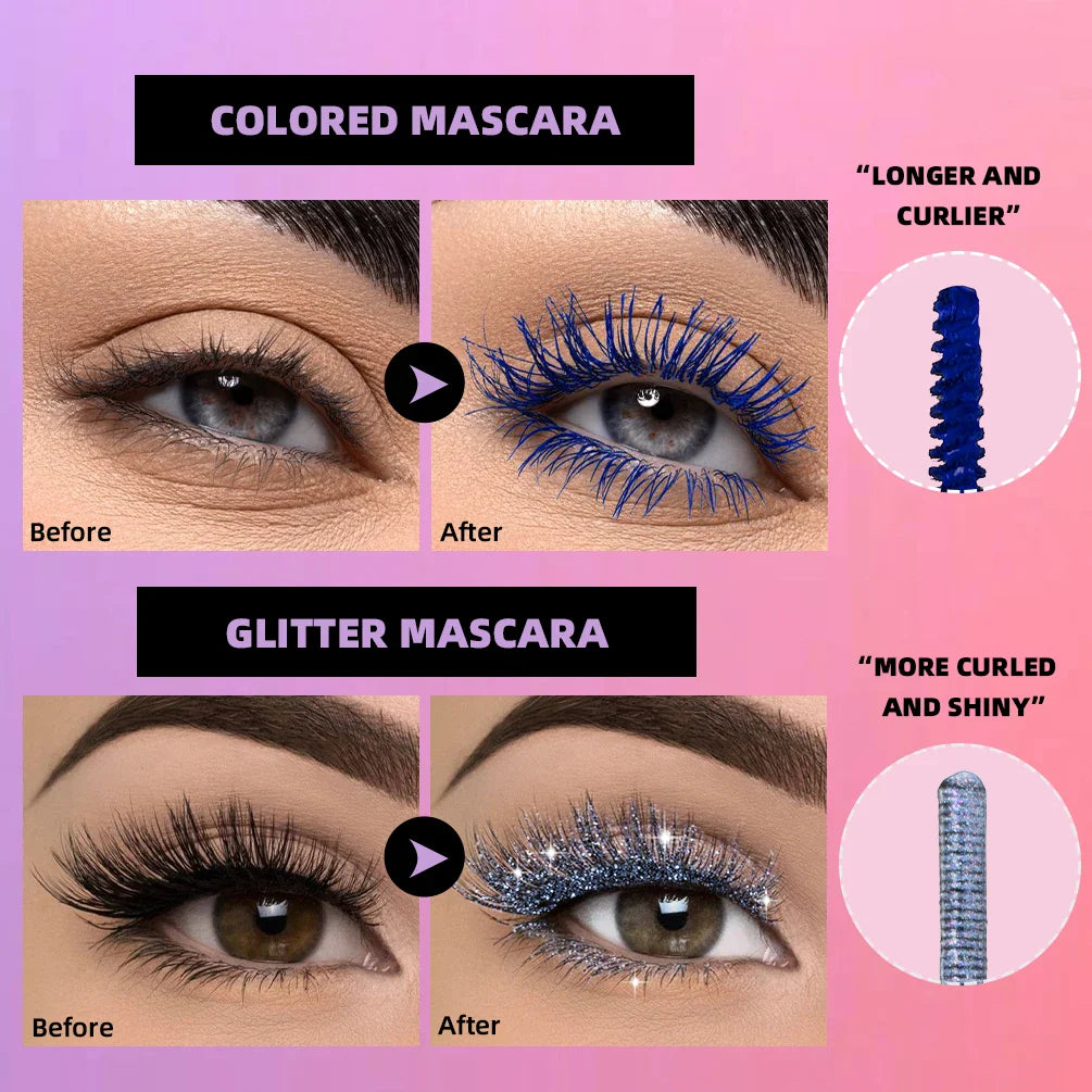 QIBEST Double Ended Diamond Glitter Mascara Lasting Colored Mascara Eyelashes Pink Blue Green Red Voluminous Mascara Rimel