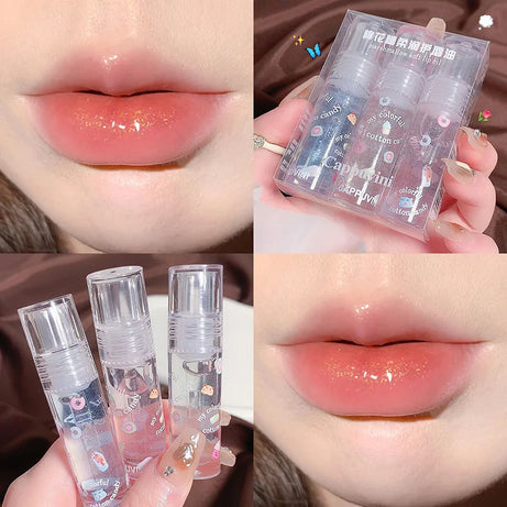 3Pcs/box Transparent Glitter Lip Gloss Set Clear Water Light Lip Glaze Moisturizer Color Changing Lip Oil Jelly Mirror Lipsticks