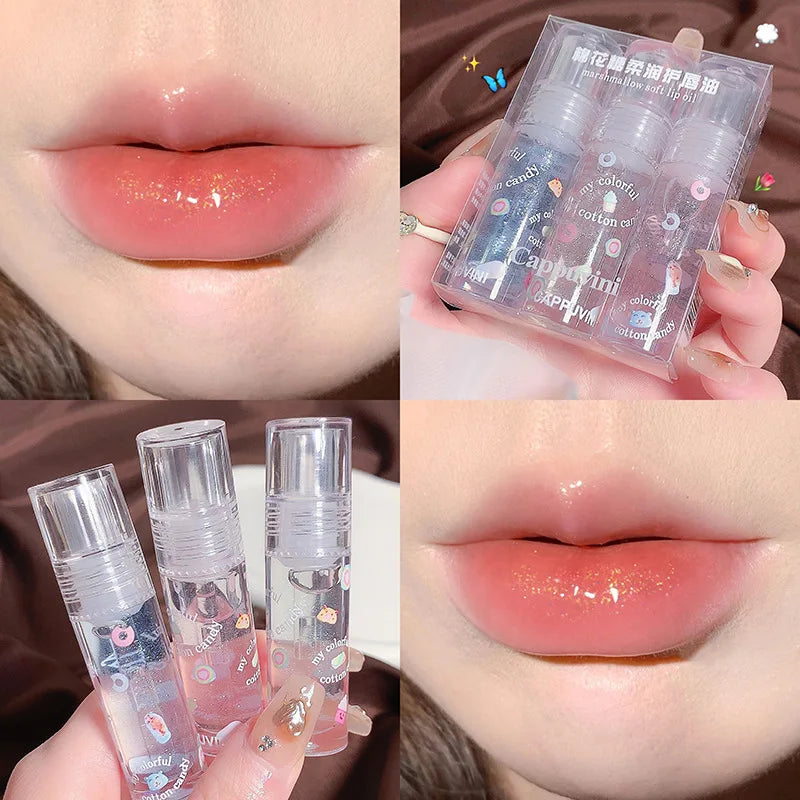 3Pcs/box Transparent Glitter Lip Gloss Set Clear Water Light Lip Glaze Moisturizer Color Changing Lip Oil Jelly Mirror Lipsticks