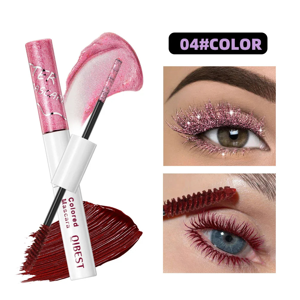 QIBEST Double Ended Diamond Glitter Mascara Lasting Colored Mascara Eyelashes Pink Blue Green Red Voluminous Mascara Rimel