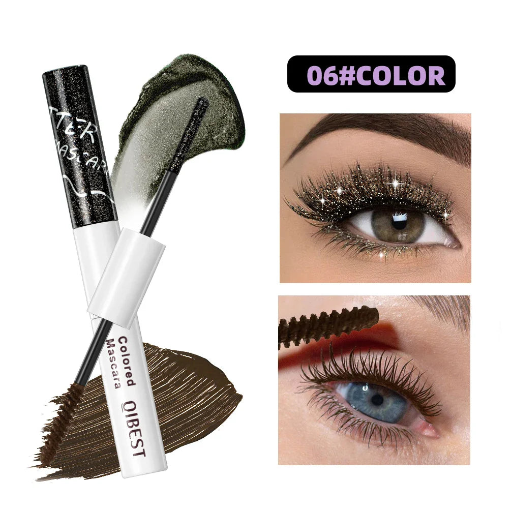 QIBEST Double Ended Diamond Glitter Mascara Lasting Colored Mascara Eyelashes Pink Blue Green Red Voluminous Mascara Rimel