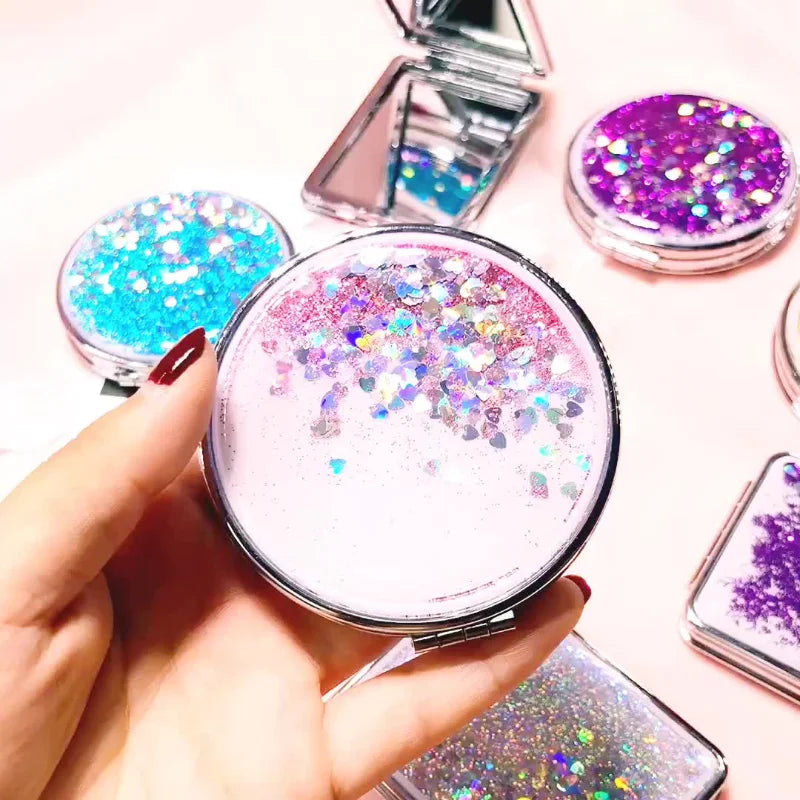 Folding Double-Sided Cosmetic Mirrors for Women Gifts with Flowing Sparkling Sand Mini Makeup Mirror Compact Pocket Mirrors Pink