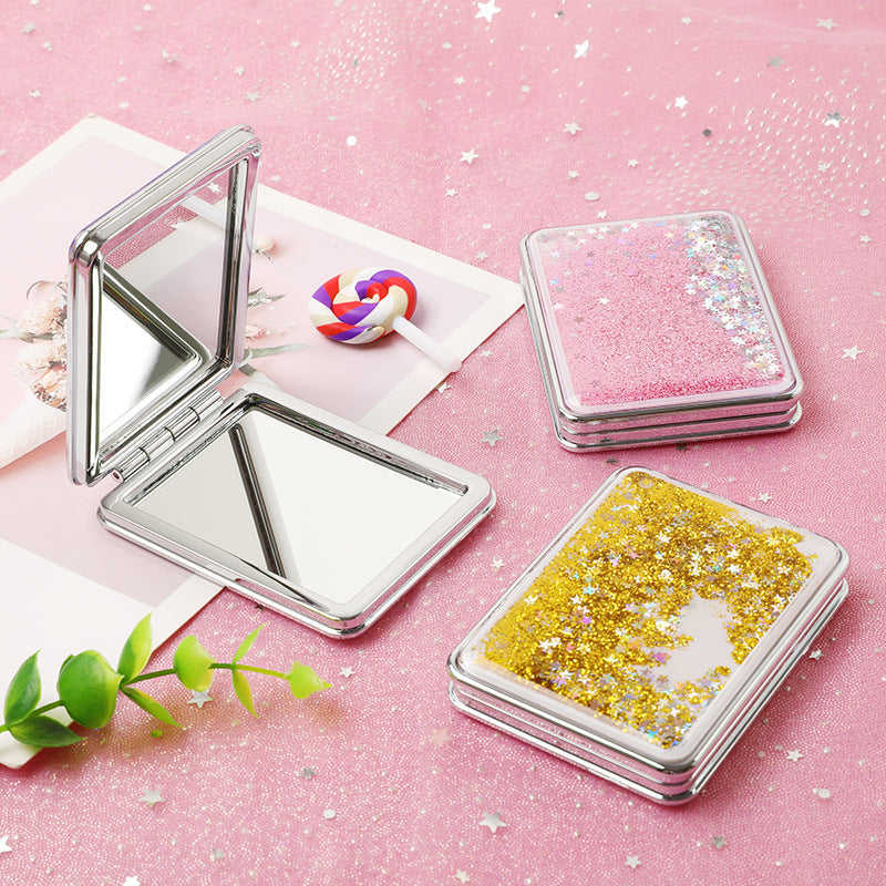 Folding Double-Sided Cosmetic Mirrors for Women Gifts with Flowing Sparkling Sand Mini Makeup Mirror Compact Pocket Mirrors Pink