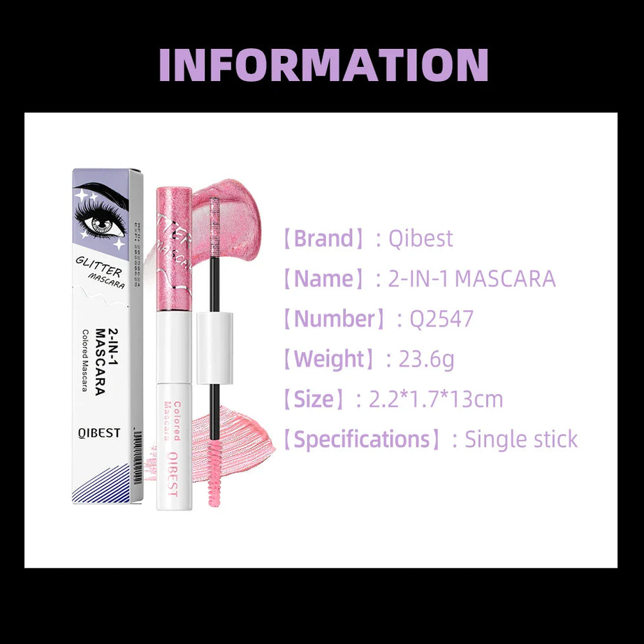 QIBEST Double Ended Diamond Glitter Mascara Lasting Colored Mascara Eyelashes Pink Blue Green Red Voluminous Mascara Rimel