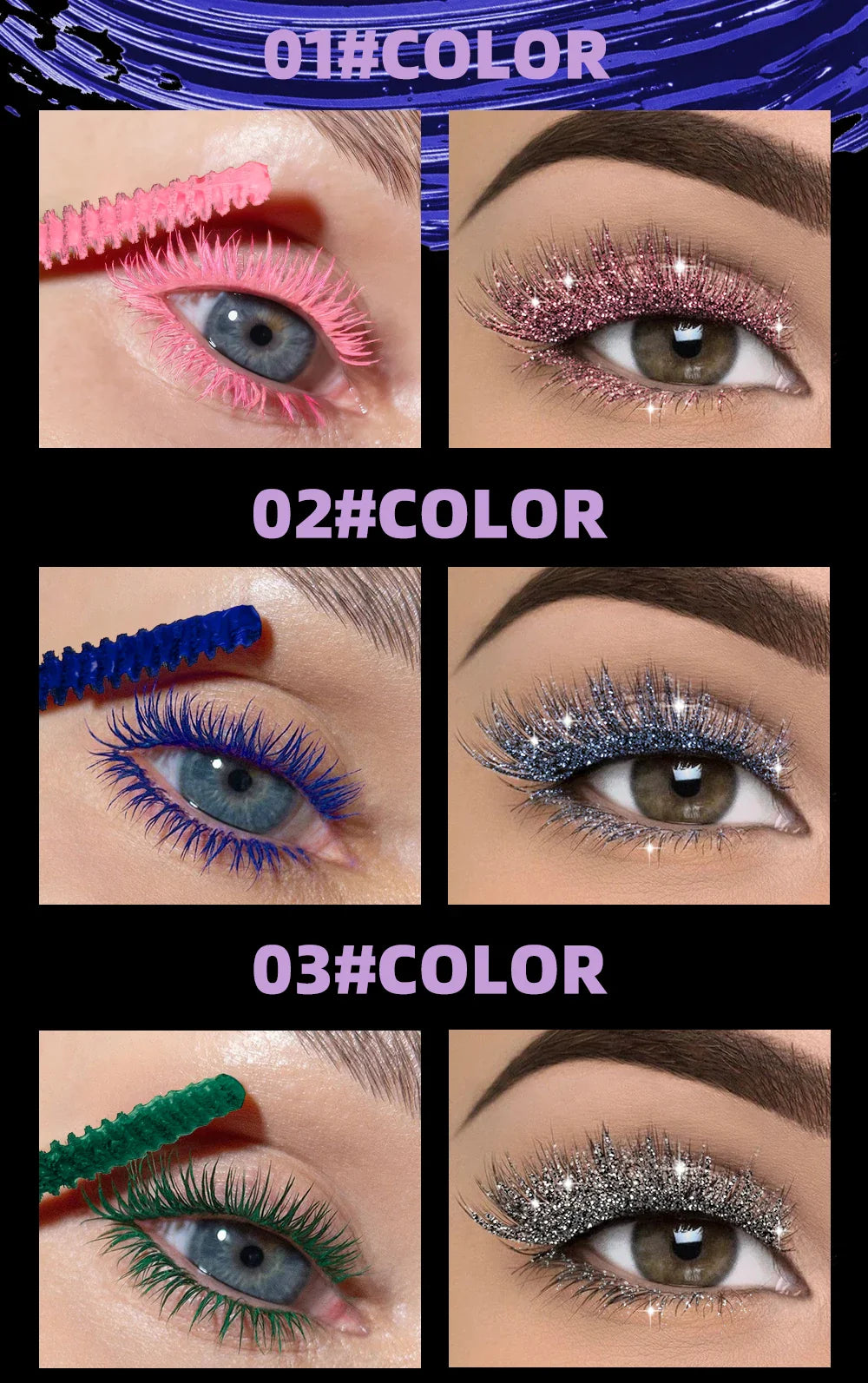 QIBEST Double Ended Diamond Glitter Mascara Lasting Colored Mascara Eyelashes Pink Blue Green Red Voluminous Mascara Rimel