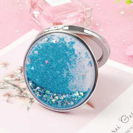 Folding Double-Sided Cosmetic Mirrors for Women Gifts with Flowing Sparkling Sand Mini Makeup Mirror Compact Pocket Mirrors Pink