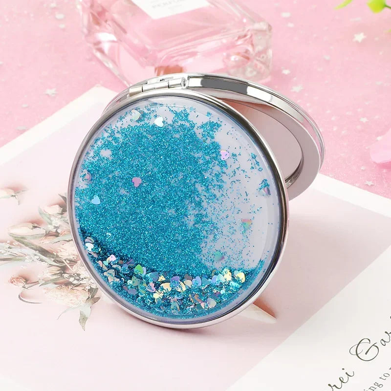 Folding Double-Sided Cosmetic Mirrors for Women Gifts with Flowing Sparkling Sand Mini Makeup Mirror Compact Pocket Mirrors Pink