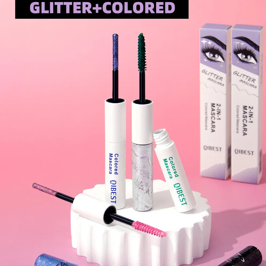 QIBEST Double Ended Diamond Glitter Mascara Lasting Colored Mascara Eyelashes Pink Blue Green Red Voluminous Mascara Rimel