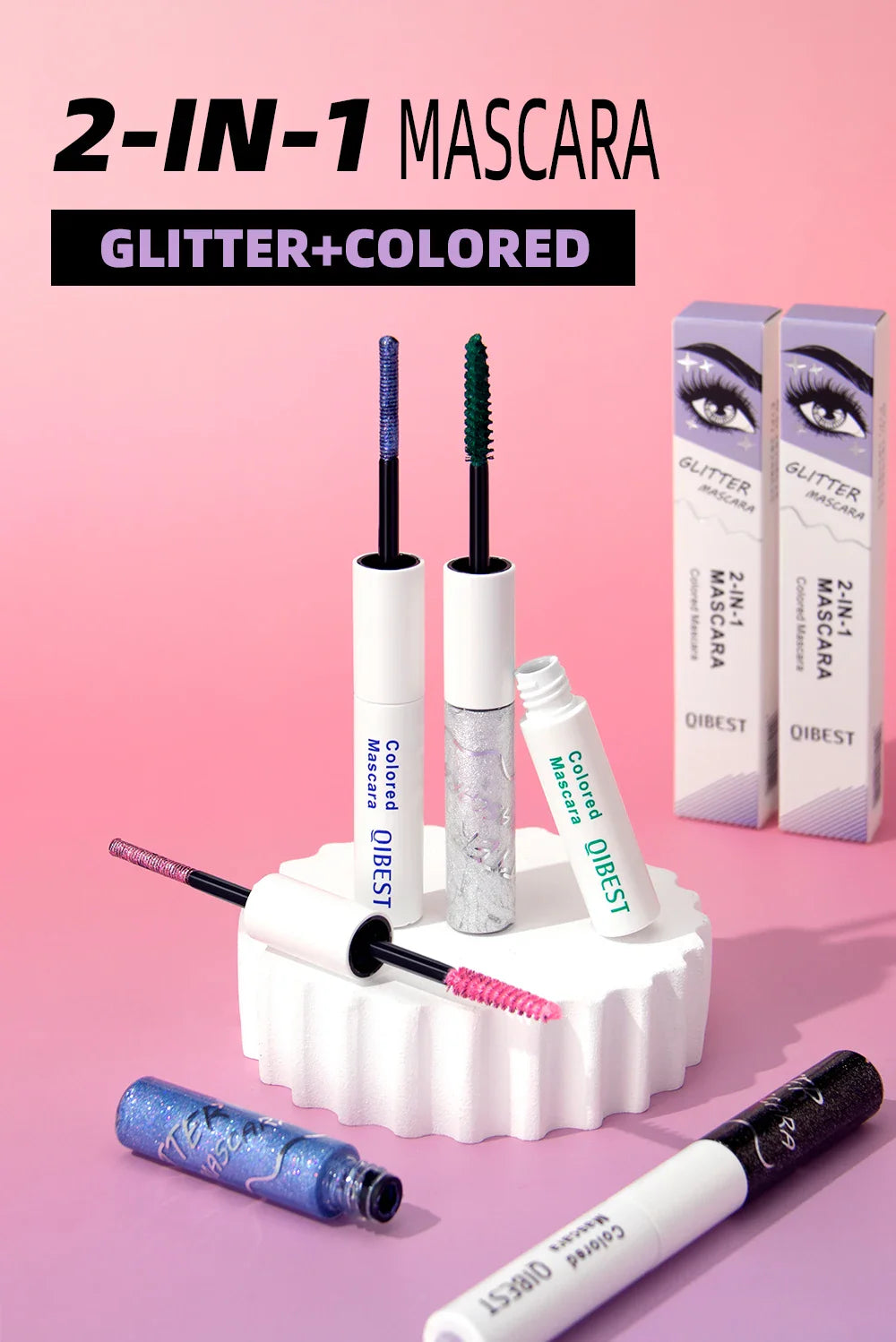 QIBEST Double Ended Diamond Glitter Mascara Lasting Colored Mascara Eyelashes Pink Blue Green Red Voluminous Mascara Rimel