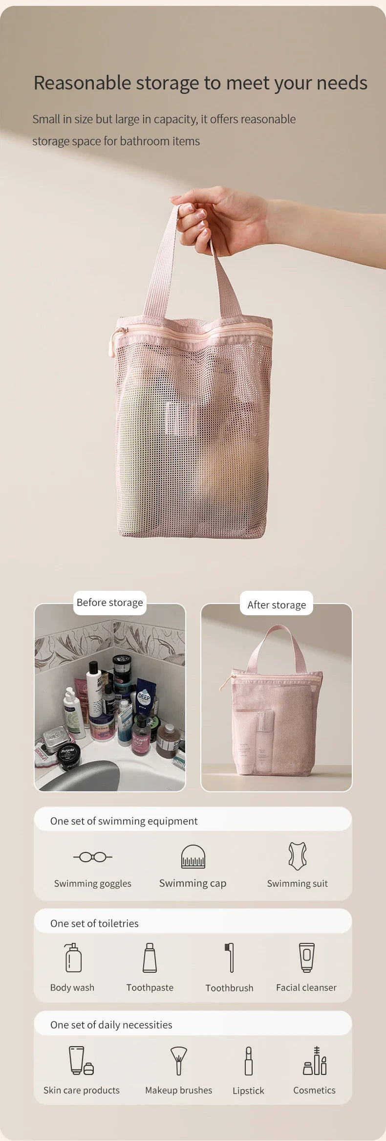 23x26cm Portable Toiletry Bag with Handy Handle Large Capacity Mesh Toiletry  Storage Bag Makeup Bag for Business Trips Travel