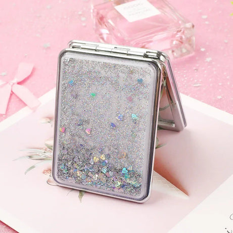 Folding Double-Sided Cosmetic Mirrors for Women Gifts with Flowing Sparkling Sand Mini Makeup Mirror Compact Pocket Mirrors Pink