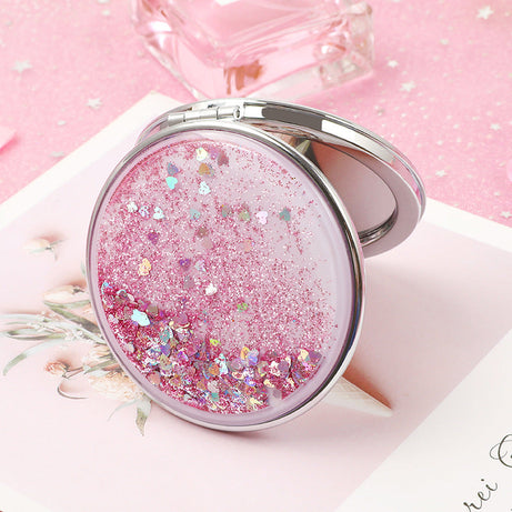 Folding Double-Sided Cosmetic Mirrors for Women Gifts with Flowing Sparkling Sand Mini Makeup Mirror Compact Pocket Mirrors Pink