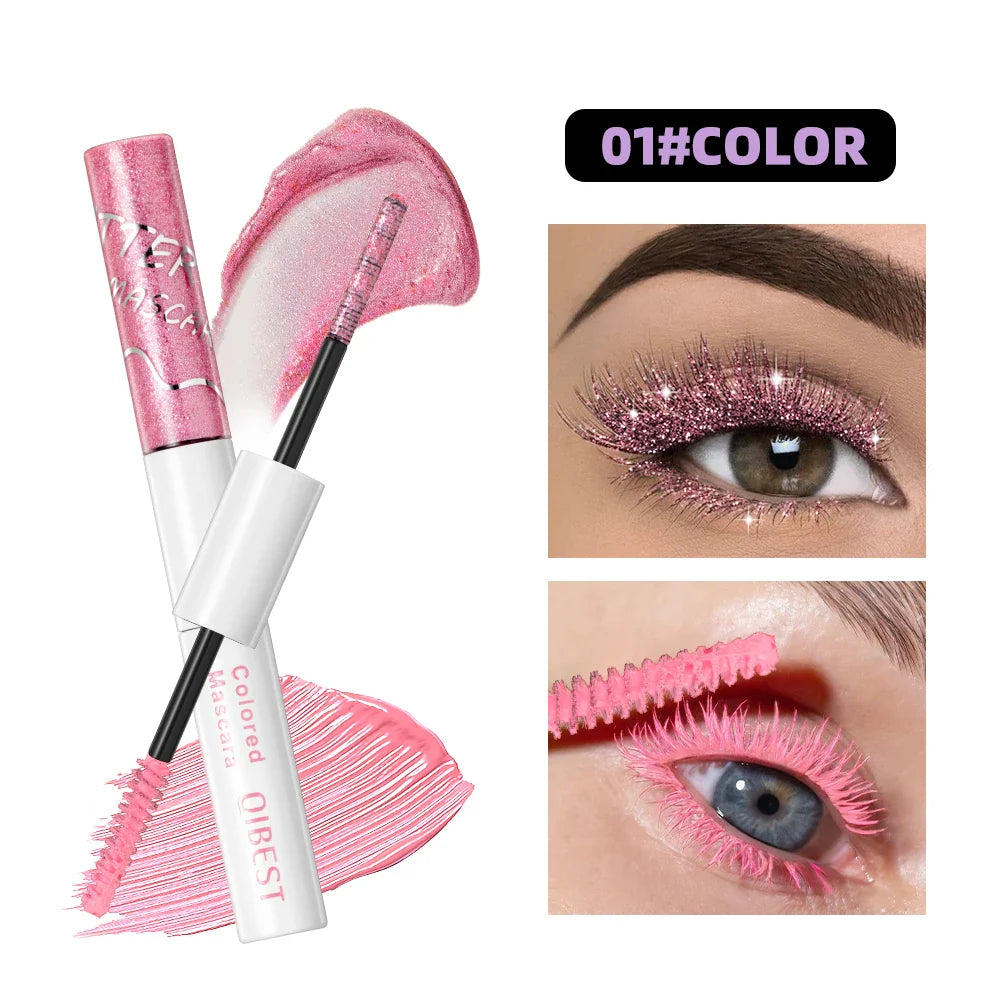 QIBEST Double Ended Diamond Glitter Mascara Lasting Colored Mascara Eyelashes Pink Blue Green Red Voluminous Mascara Rimel