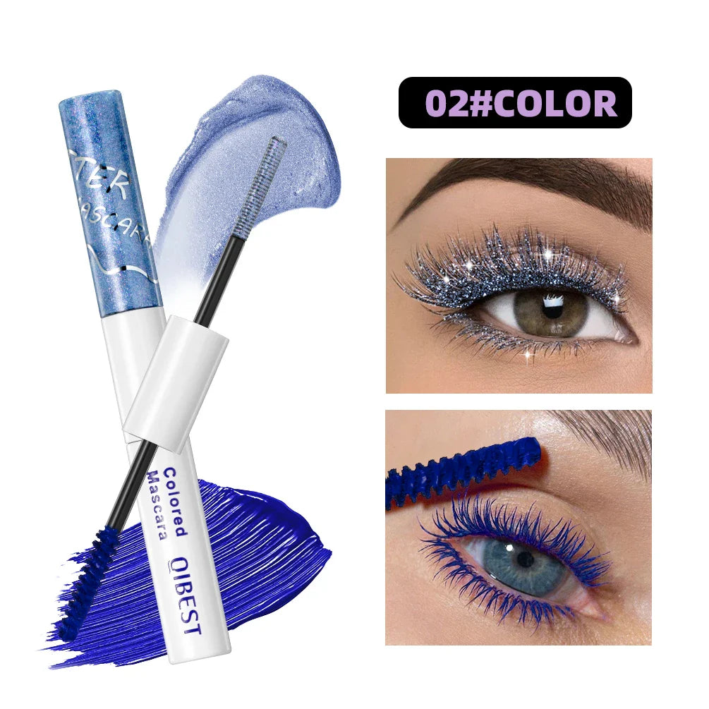 QIBEST Double Ended Diamond Glitter Mascara Lasting Colored Mascara Eyelashes Pink Blue Green Red Voluminous Mascara Rimel